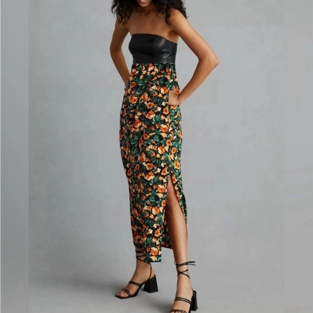 Anthropologie X Mare Mare Faux Leather Floral Strapless Maxi Dress NWOT